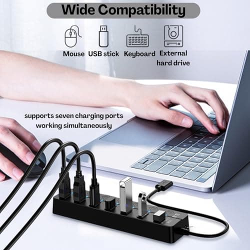 Flavizo USB 3.0 Hub 7 Port Powered Extender with Individual Switches & LED Indicators | High Speed Multiport USB Hub for Laptop, Desktop, Mac, PC, USB Devices – 1.2m Cable 3