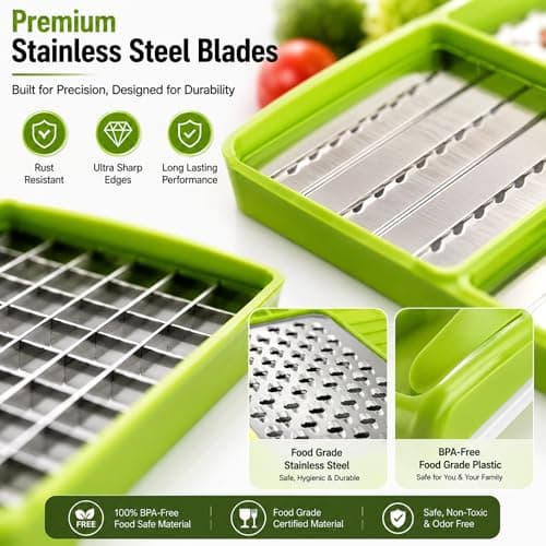 12 in 1 Multipurpose Vegetable Chopper for Kitchen | Vegetable & Fruit Cutter Slicer Dicer | Onion Cutter, French Fries Cutter, Grater & Peeler | Stainless Steel Blade | Easy Push Clean-Blue 4