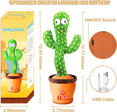 Storio Rechargeable Toys Talking Cactus Baby Toys for Kids Dancing Cactus Toys Can Sing Wriggle & Singing Recording Repeat What You Say Funny Education Toys for Children Playing Home Decor for Kids 2