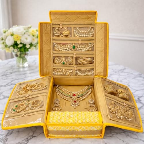 Trendifly silk Lucknowi Jewellery Organiser Box for women Necklace organizer pouches Travel Makeup Cosmetic Earrings Jewelry Storage box for Bridal Gifting (Bright Yellow)