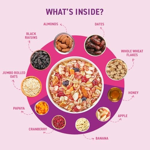 Bagrry’s Crunchy Fruit & Nut Muesli with 30% Real Fruits, Nuts & Seeds– 750G | 16 Real & Freeze Dried Fruits, Nuts, Seeds & Berries Muesli | No Candy | 38% High Fibre Oats, No Cornflakes | Fibre & Pro 2