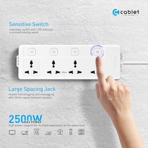 Cablet Extension Board 3 Meter Cable, 2500W 10A, 4 Universal Multi Plug Socket, 4 Individual Switches, 3 Mtr Heavy Duty Cord, LED Indicator, Power Strip for Home & Office Use 2