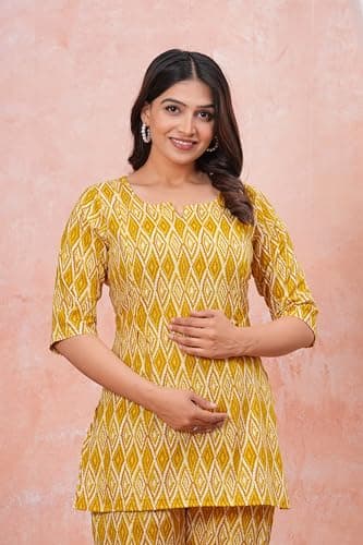 Alpha Women Printed Cotton Co Ord Set for Women Casual & Festive Indo-Western Outfit Kurta Pant Set XL Yellow 5