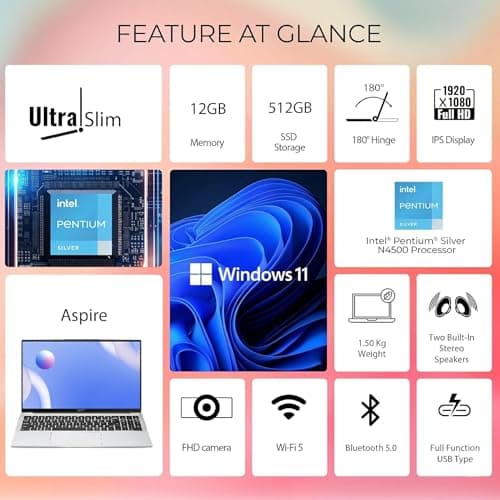 acer Aspire 3, Intel Celeron N4500, 12GB LPDDR4 RAM, 512GB SSD, Intel UHD Graphics, 15.6"/39.62cm HD, Windows 11 Home,Office Home & Student 2024, Pure Silver, 1.5KG, A325-45, Thin and Light Laptop 2