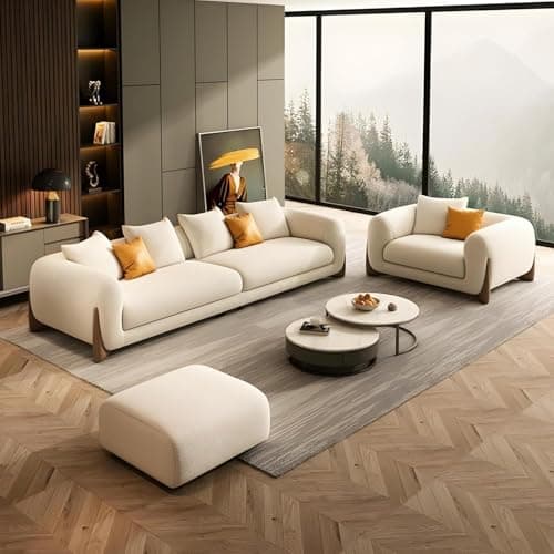 PREMIUM CART Upholstered 3 Seater Sofa Three Seater Sofa with Wooden Legs for Living Room Hotels & Offices (3+1+Puffy Boucle Beige)