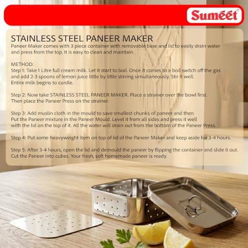 Sumeet Stainless Steel Square Shape Paneer/Tofu/Sprout Maker/Mould/Press, Easy and Perfact for Home Made Healthy Paneer, 12.5cm Dia, 600gms Paneer from, 3 liter Milk, Silver 2