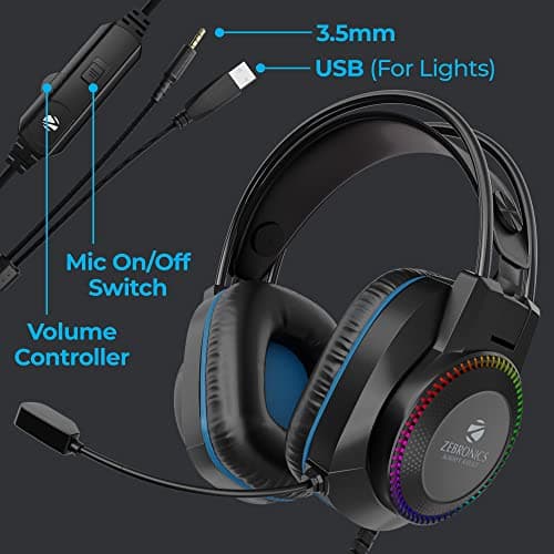 Zebronics Jet Premium Wired Gaming On Ear Headphone with LED Light for earcups, 40mm Neodymium Drivers, 2 Meter Braided Cable, Flexible mic, Suspension Headband, 3.5mm + USB Connector (Black + Blue) 3