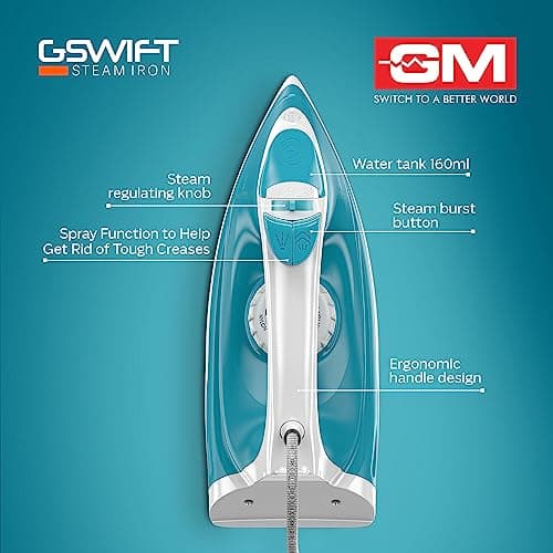 GM G-Swift Steam Iron 1250W with Dual Protection of Thermostat& Thermal FuseISelf CleaningI160ml Water Tank Vertical Steam Ironing|PTFE Non-Stick SoleplateIIndicator LightI360 Degree Swivel Cord- Blue 5