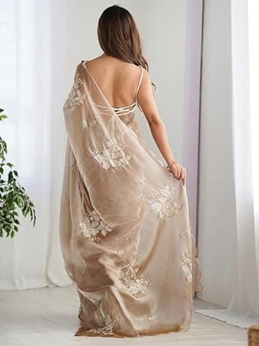 Flosive Women's Shimmer Organza Sequence Embroidery Saree With Unstitched Blouse Piece (CREAM) 2