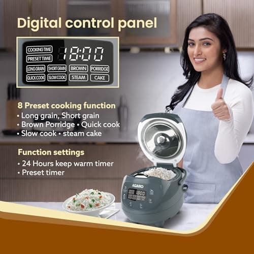 AGARO Imperial Electric Rice Cooker, 2L Ceramic Coated Inner Bowl, 500 gms (approx. 3.5 cups) raw rice, Steam Basket, 8 Preset Cooking Function, Advanced Fuzzy Logic, 24Hrs Keep Warm Function, 350W 3