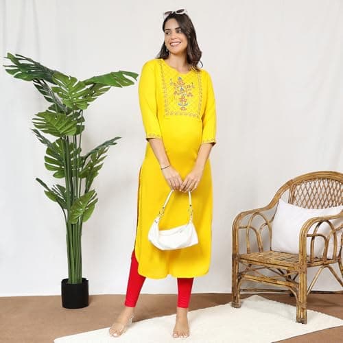 MomToBe Wome's Rayon A-line Maternity Kurti/Pregnancy Dress/Easy Breastfeeding Kurta with Zippers/Maternity Dress with Zippers for Nursing Pre and Post Pregnancy (Sunflower Yellow ; 2XL) 3