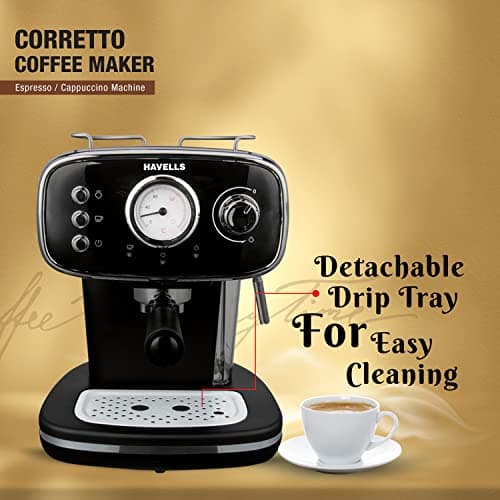 Havells Corretto Coffee Maker, Espresso/Cappuccino Machine with 15bar Pressure Pump | Thermometer Display | Frothing Function | Detachable Drip Trip | Filter Holder | Twin Brewing 5