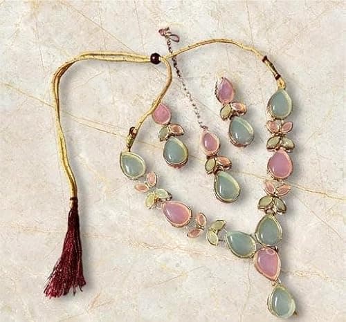 Women Kundan Necklace Earrings Maangtika Set Gold Plated Artificial Stone Adjustable Bridal Party Jewellery Set Multi Free Size 3