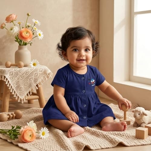 KIDEEZGUILD Pure Cotton Baby Girls Frock Dress Front Open Soft Breathable Half Sleeve Knee Length Daily Casual Wear Solid Color Summer Girl's Dress (IN, Age, 9 Months, 12 Months, Regular, Set of 3 A) 2