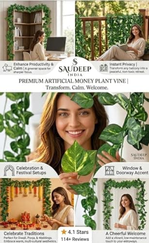 SAUDEEP INDIA Artificial Green Leaf Money Plant Garland | 7.2 Feet Bel Vine Creeper | Realistic Hanging Fake Leaves Ivy | Home Decor for Door, Wall, Balcony, Garden & Festival Decoration (3 Vines) 4