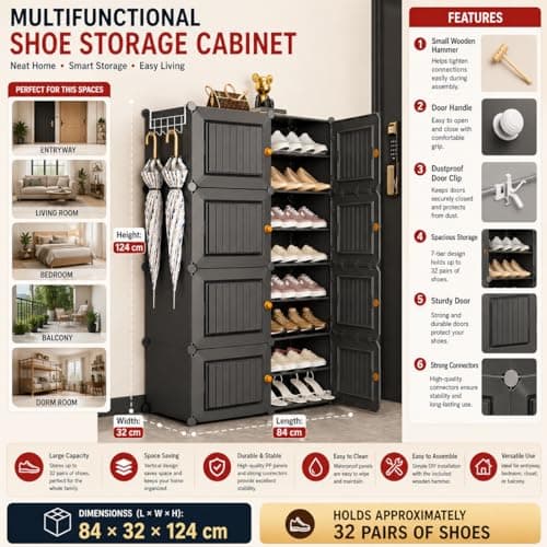 Mevigo 16-Tier Shoe Rack with 6-Doors| Holds 32 Pairs |Waterproof & Dustproof Modular Plastic Shoe Cabinet| Foldable Stackable Shoe Organizer with Metal Frame |Space Saving Storage for Home,Entry Way 3