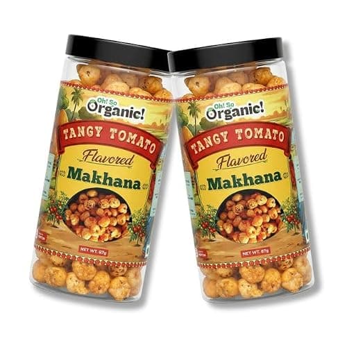 Oh So Organic Tangy Tomato Makhana 87g | Olive Oil Roasted Fox Nuts | Tomato Flavoured Healthy Snack | Gluten Free Crunchy Makhana | Roasted Lotus Seeds Anytime Snack (Pack of 2)
