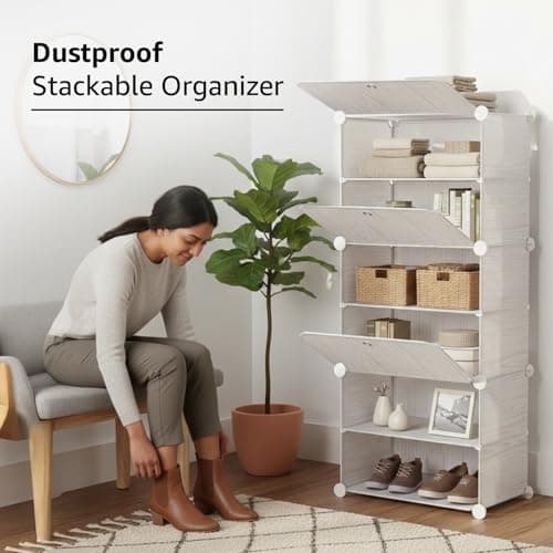 amazon basics Plastic Shoe Rack | 3-Door | 44.5 × 32 × 95.5 cm | Grey Wood Grain | PP + Iron | Stackable, Dustproof, Foldable & Easy Assembly 4