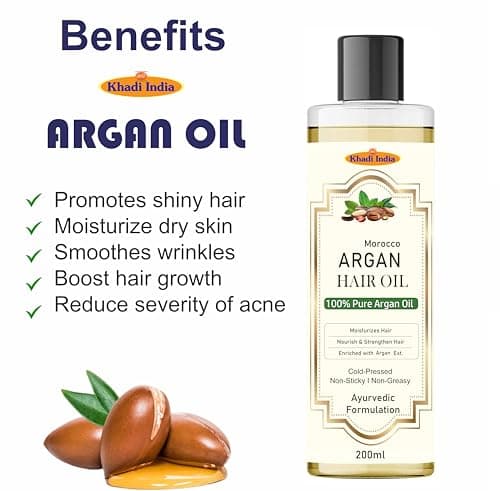 Khadi Herbal 100% Pure & Natural Argan Hair Oil, with the Goodness of Olive oil & Sunflower Oil, for Dry & Frizzy Hairs 200ml with khadi india logo 4
