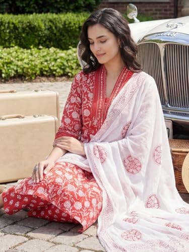 INDO ERA Women's Multi Pure Cotton Abstract Printed Flared Fusion Kurta & Pant Set 2