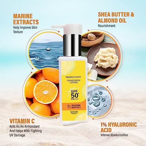 FACESCANADA Sunscreen Lotion, 100ml | SPF 50 PA+++ | Oily Protects From UVA & UVB Rays | 1% Hyaluronic Acid & Vitamin C | Lightweight | No White Cast | Natural Radiant Glow| No Alcohol | No Parabens 5