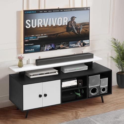 ABOUT SPACE TV Unit for Living Room - Engineered Wood DIY TV Stand with Cable Hole Cabinet with Door, Adjustable Shelf, Open Display Shelves for WiFi Router Stand (Black & White- L140 x B40 x H64 cm)