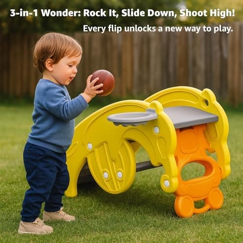Amazon Brand - Jam & Honey 3 in 1 Frog Foldable Slide, Baby Slide with Rocker & Basketball | with Ball | Foldable Freestanding Indoor & Outdoor Slides| Rideon & Rocker, Multicolor, 18+ Months 4