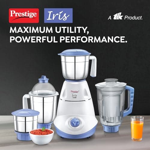 Prestige Iris 750 Watt Mixer Grinder with 3 Stainless Steel Jar + 1 Juicer Jar (White and Blue) 2