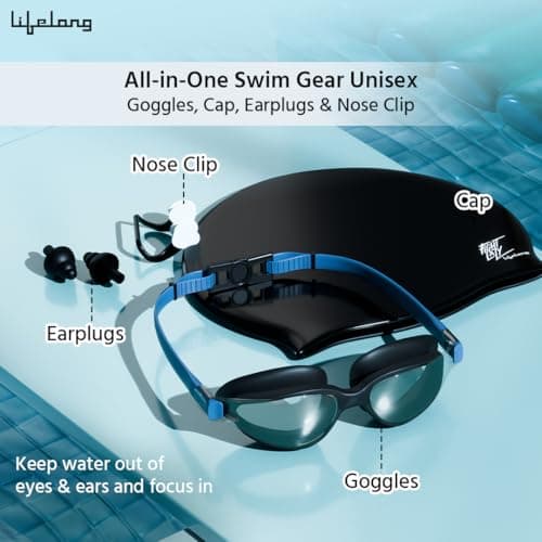 Lifelong Silicone Swimming Combo Kit | Waterproof Swim Cap with Earplugs & Nose Clip | Anti-Fog Swim Goggles | Comfortable Fit Swimming Accessories (Blue) 2