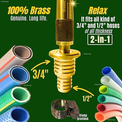 GreenLoop Solid BRASS Water Spray 2-in-1 Nozzle, DUAL PURPOSE, Fits all 3/4" and 1/2" hoses of all thickness, Adjustable Water Jet Spray Gun, High Pressure washing, 2-in-1 Nozzle+Clamps 2