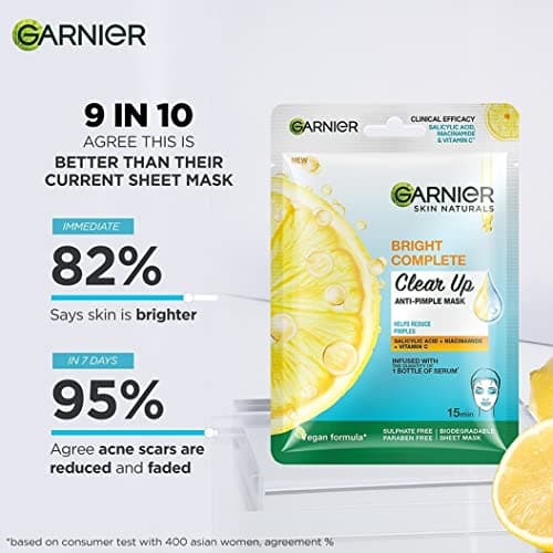 Garnier Bright Complete Anti Pimple Sheet Mask with 3 Serums and Skin Naturals Face Mask Hydrating, Brightening & Anti-Dark Spots 4
