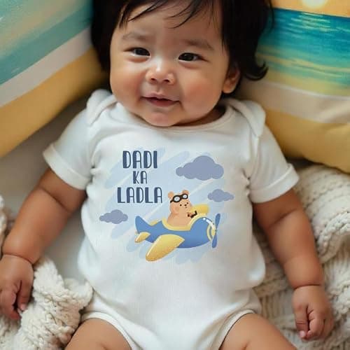 KNITROOT Dada Dadi Family Special Onesies, Unisex Baby Kids Cotton Lycra Envelope Neck Half Sleeve White Romper, Bodysuit, Sleepsuit, Dadi Ka Ladla, 0-3 Months, Infant Cloths for Boys & Girls 2
