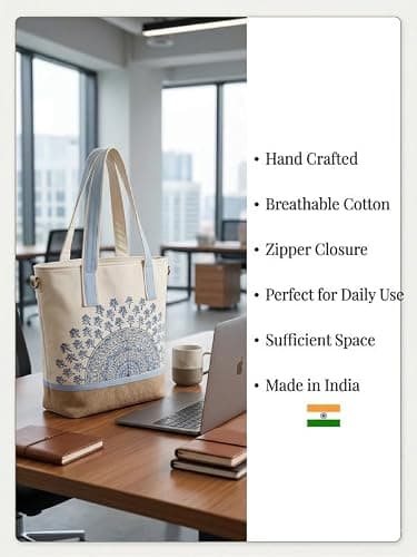 ABSTRACT INDIA Handcrafted Shoulder Tote Bag with Zipper Closure | Cotton Canvas Breathable fabric | Travel, Office, College & Daily Use Tote Bag for Women 4