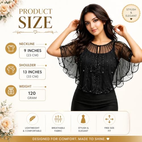 LOOMAURA Women's Black Festive Glam Pearl Net Cape Ponchu | Designer Party Overlay. 2