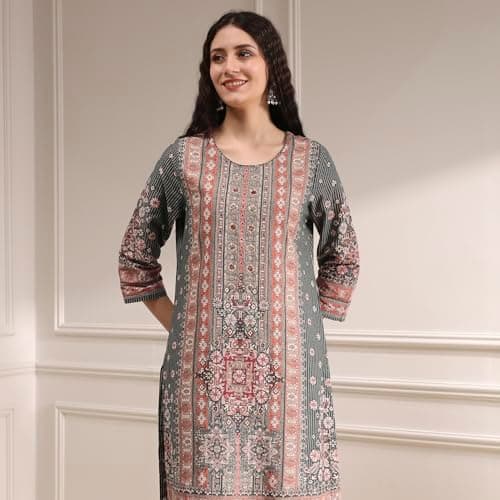 Biba Women Grey Cotton Straight Printed Kurta Set_34 2