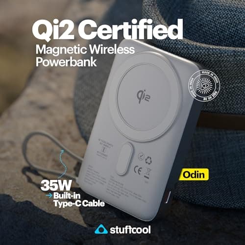 Stuffcool Odin 10000mAh Qi2 MagSafe Powerbank with 15W Wireless Charging, 35W PD Wired Output, Built-in Type-C Cable, Stand, Digital Display, for iPhone, Pixel, Samsung, AirPods 2