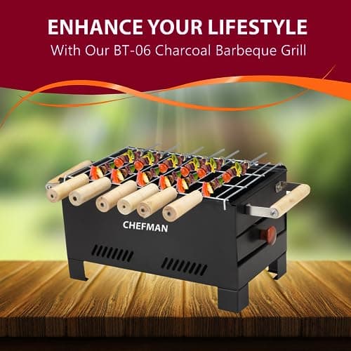 Chefman Charcoal Barbeque | Grill Barbeque | Grill Set for Home | Foldable Charcoal Tandoor | Outdoor BBQ | Grill Chicken Maker | with 6 Skewers with Gloves | Black 3