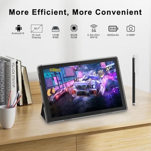HOTTABLET 10" Android 15 Tablet, 12 (4+8 Expansions) GB RAM + 64GB ROM, 2+8MP Dual Camera, 6000mAh Battery (Tablet + Case + Pen) (Black) 5