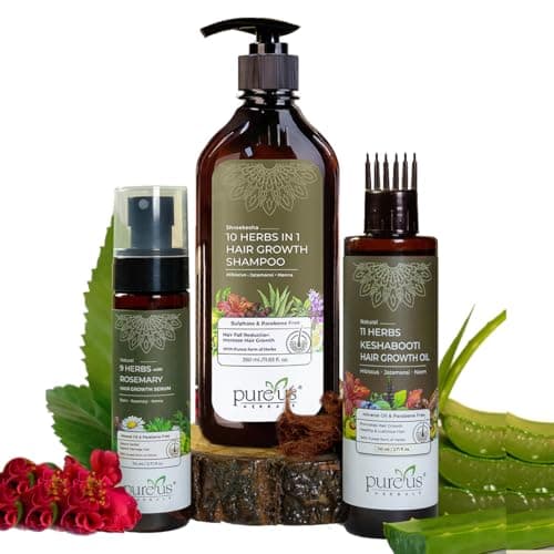 Pureus Herbals Hair Growth Combo Kit | 9 Herbs Scalp Spray Serum + 10 Herbs in 1 Shampoo + 11 Keshabooti Hair Oil for Boost Hair Growth & Repairs Hair Damage | Complete Problem Solution | Sulphate & P