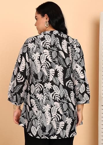 Yash Gallery Women’s Plus Size Black Leaf Print Wrinkle-Free Tunic Top with Pintucks & Button Placket 4