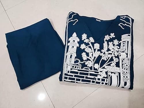 Embroidered Rayon Co-Ord Set for Women, Designer Kurta with Palazzo, Ethnic Motifs, V-Neck. (in, Alpha, XL, Regular, V-Blue_Set) 3