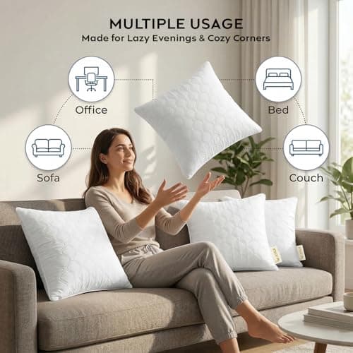 AYKA Microfiber Cushion Filler Set of 2 (18x18 Inch) | Soft & Fluffy Sofa Cushions Inserts | Premium Polyester Fiber Throw Pillows for Sofa, Couch, Bed & Living Room Decor | White 4