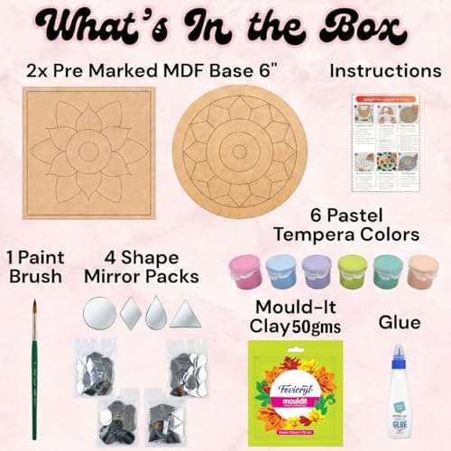 ImagiVibe DIY Mini Lippan Art Kit for Kids & Adults | 2 Pre-Marked 6 Inch MDF Boards | Indian Folk Art Painting Kit with Clay, Mirrors & Pastel Tempera Colours | Creative Art & Craft Kit for Gifting,  2