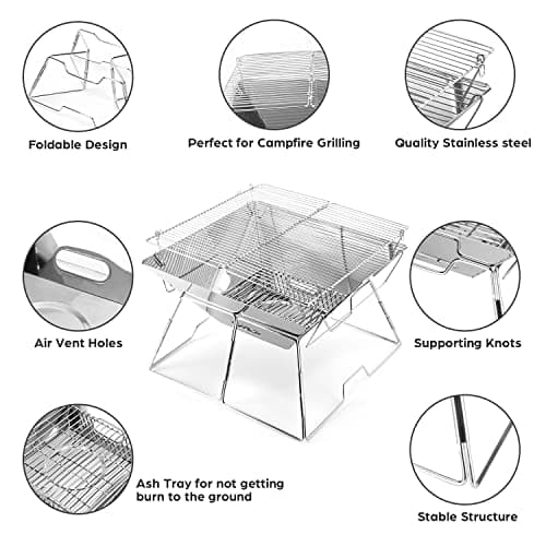 Odoland Folding Campfire Grill, Camping Fire Pit, Outdoor Wood Stove Burner, 304 Premium Stainless Steel, Portable Camping Charcoal Grill with Carrying Bag for Backpacking Hiking Travel Picnic BBQ 4