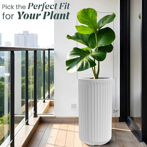 YUCCABEE Italia Fox B KIA Tall Floor Planter 24 Inch Premium German Polymer Indoor Outdoor Plant Pot Raised Base Lightweight UV Protected Modern Round Planter White 2