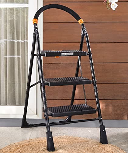 Amazon Basics Clamber-Foldable Step Ladder, Safety-Clutch Lock, Ribbed Steps, Knee Guard, Non-Marring PVC Shoes, 3 Steps (Steel, Black&Orange, Iron&Plastic) 3