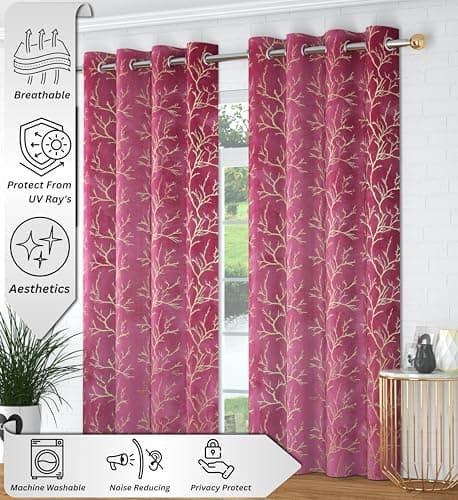 Panipat Textile Curtain Heavy Velvet Fabric Room Darkening Tree Design Curtains 8 Feet for Door, English Wine, Pack of 2 Pieces 4