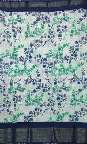 Cotton Floral Printed Saree, Blue and White, Traditional Indian Ethnic Wear 5