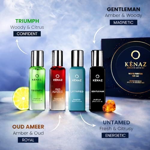 KENAZ Men Perfume Gift Set| Better than EDP, EDT, EDC | 4 x 20ML Perfumes | Woody & Fresh Aromatic Notes | Long Lasting and Luxury Parfum | (Untamed, Triumph, Gentleman, Oud Ameer) | Dubai Crafted | I 2