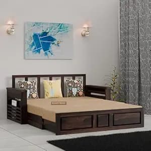 Solid Sheesham Wooden Sofa Cums Bed with Mattresses for Living Room|Rosewood 3-Person Sofa Cums Bed for Bedroom Without Pillow (A-Walnut, 3 Seater)